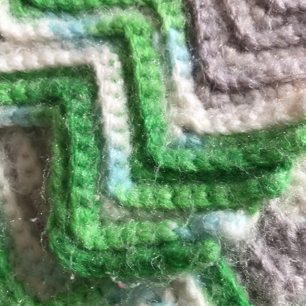 Pink green white gray chevron Baby Blanket Handmade Vintage 1970s Knit Blanket